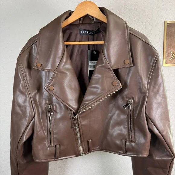 Lioness Staten Island Brown Vegan Leather Cropped Moto Jacket Womens XS NEW - Picture 3 of 11